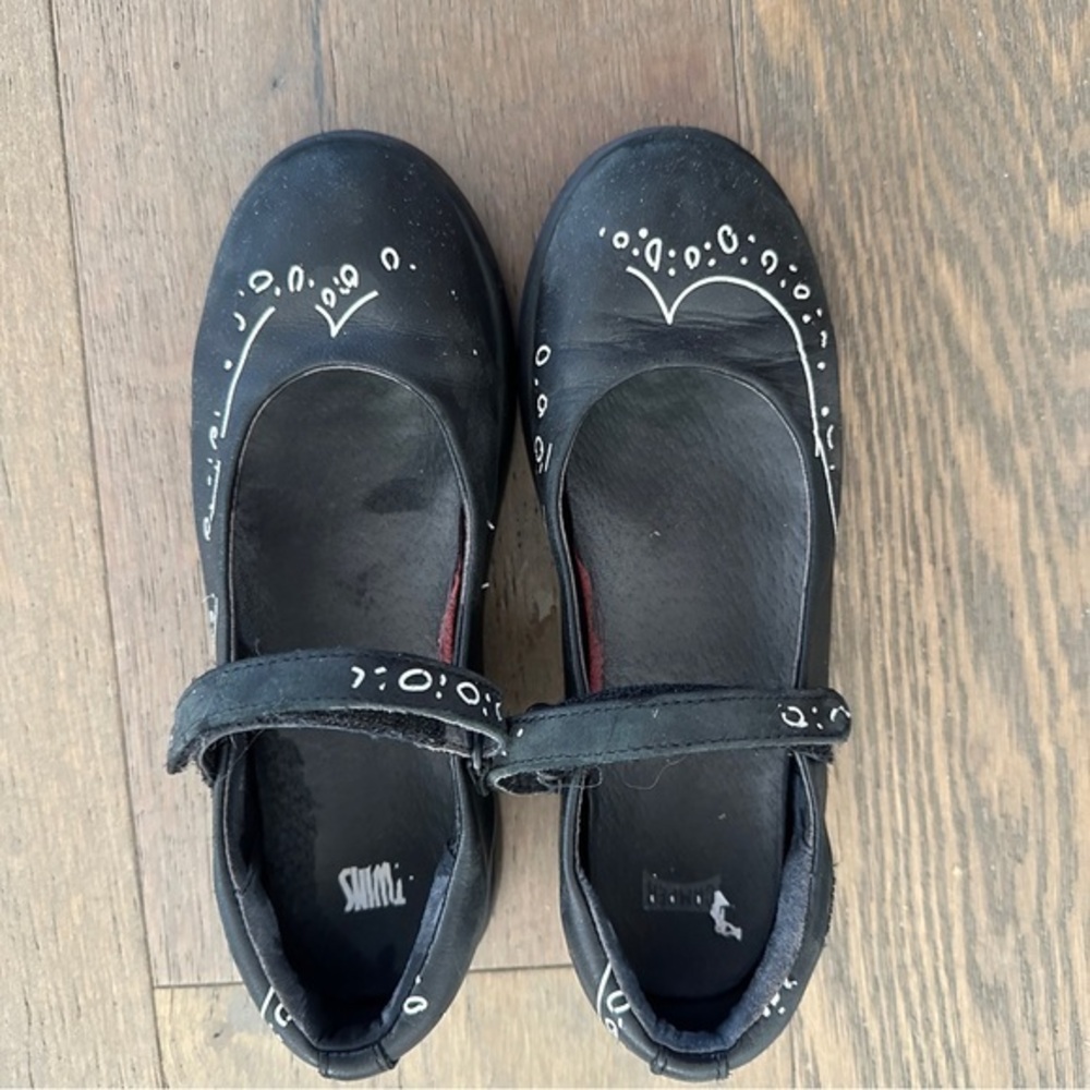 Camper, Black Mary Jane School Shoes with white lines, size 2